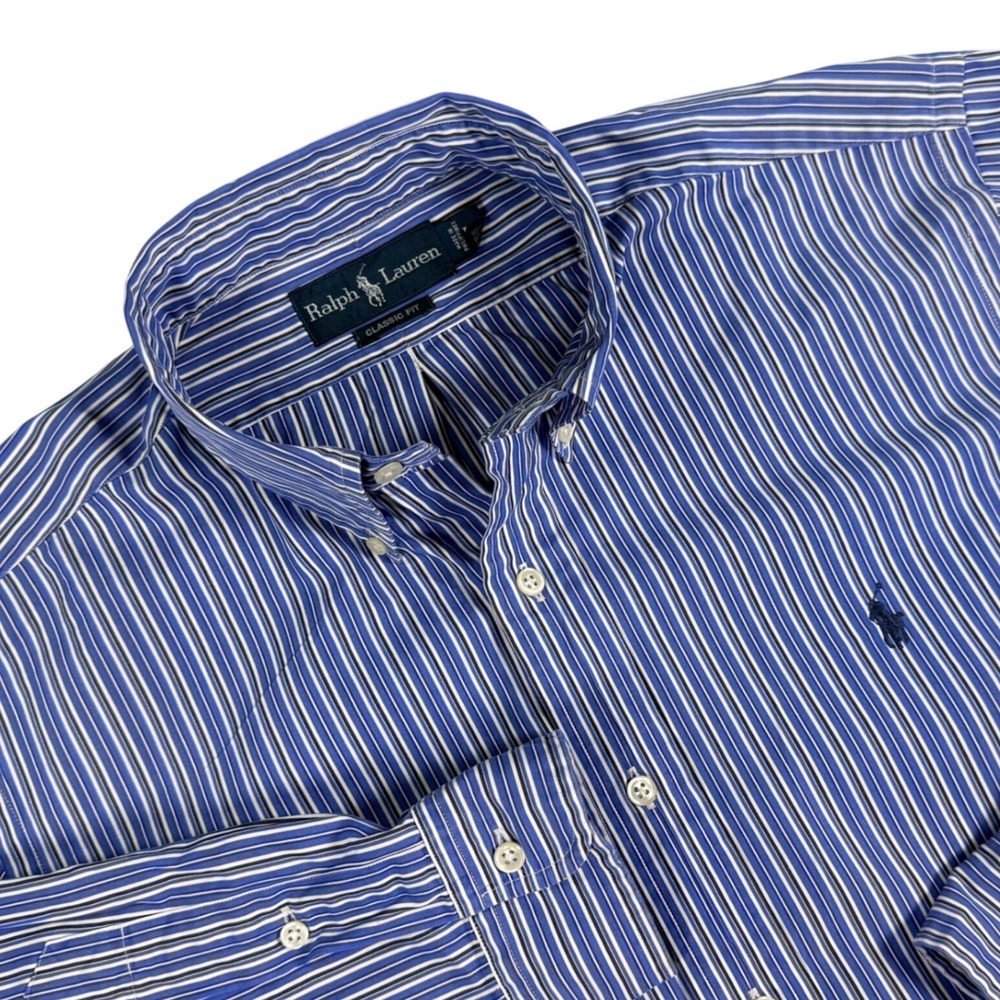 Ralph Lauren Button Down Shirt Mens L Blue White Striped Classic Fit Vintage